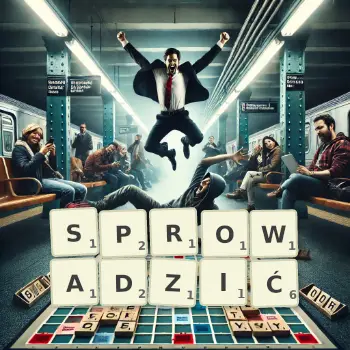 Kreatywna ilustracja do gry w Scrabble ze słowem SPROWADZIĆ ułożonym z płytek na planszy.