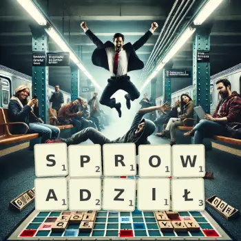 Kreatywna ilustracja do gry w Scrabble ze słowem SPROWADZIŁ ułożonym z płytek na planszy.