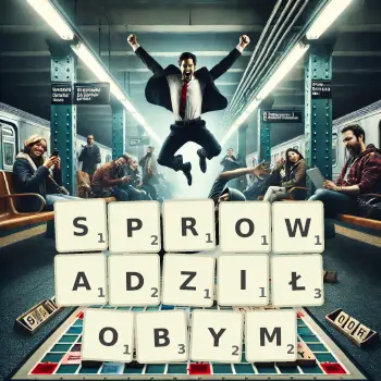Kreatywna ilustracja do gry w Scrabble ze słowem SPROWADZIŁOBYM ułożonym z płytek na planszy.