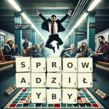 Kreatywna ilustracja do gry w Scrabble ze słowem SPROWADZIŁYBY ułożonym z płytek na planszy.