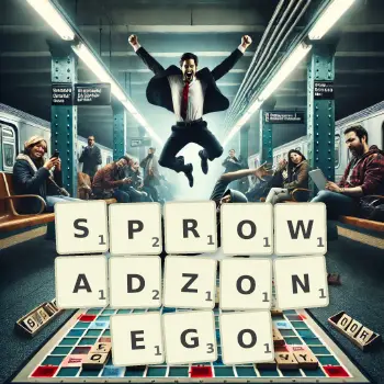 Kreatywna ilustracja do gry w Scrabble ze słowem SPROWADZONEGO ułożonym z płytek na planszy.