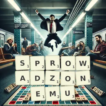 Kreatywna ilustracja do gry w Scrabble ze słowem SPROWADZONEMU ułożonym z płytek na planszy.