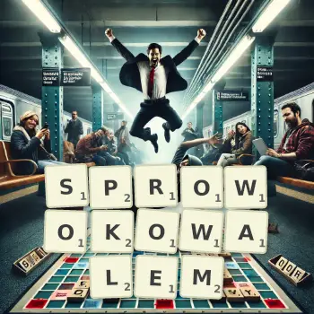 Kreatywna ilustracja do gry w Scrabble ze słowem SPROWOKOWALEM ułożonym z płytek na planszy.