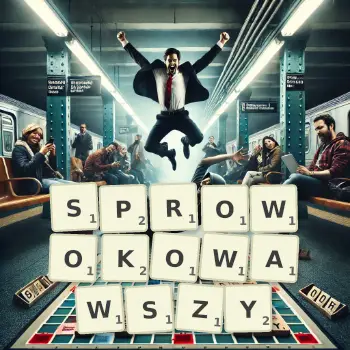 Kreatywna ilustracja do gry w Scrabble ze słowem SPROWOKOWAWSZY ułożonym z płytek na planszy.