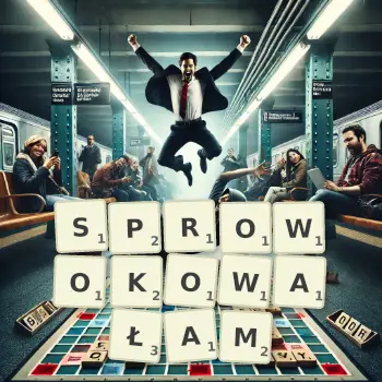 Kreatywna ilustracja do gry w Scrabble ze słowem SPROWOKOWAŁAM ułożonym z płytek na planszy.