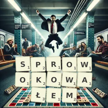 Kreatywna ilustracja do gry w Scrabble ze słowem SPROWOKOWAŁEM ułożonym z płytek na planszy.