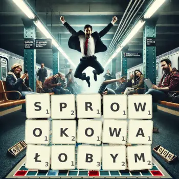 Kreatywna ilustracja do gry w Scrabble ze słowem SPROWOKOWAŁOBYM ułożonym z płytek na planszy.