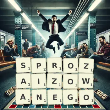 Kreatywna ilustracja do gry w Scrabble ze słowem SPROZAIZOWANEGO ułożonym z płytek na planszy.