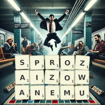 Kreatywna ilustracja do gry w Scrabble ze słowem SPROZAIZOWANEMU ułożonym z płytek na planszy.