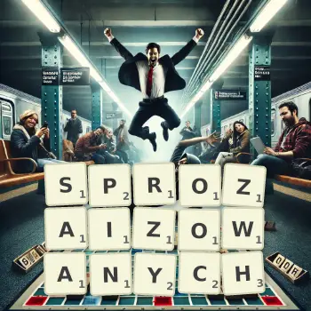 Kreatywna ilustracja do gry w Scrabble ze słowem SPROZAIZOWANYCH ułożonym z płytek na planszy.