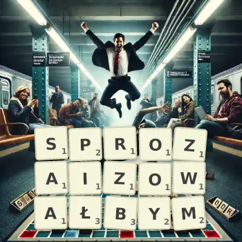 Kreatywna ilustracja do gry w Scrabble ze słowem SPROZAIZOWAŁBYM ułożonym z płytek na planszy.