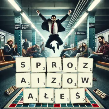 Kreatywna ilustracja do gry w Scrabble ze słowem SPROZAIZOWAŁEŚ ułożonym z płytek na planszy.