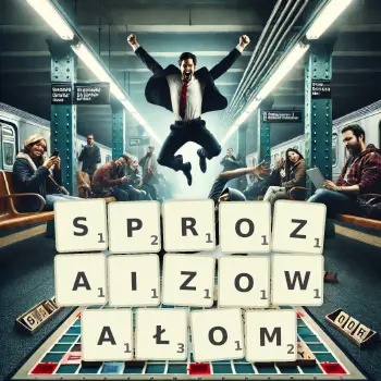 Kreatywna ilustracja do gry w Scrabble ze słowem SPROZAIZOWAŁOM ułożonym z płytek na planszy.