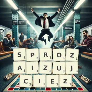 Kreatywna ilustracja do gry w Scrabble ze słowem SPROZAIZUJCIEZ ułożonym z płytek na planszy.
