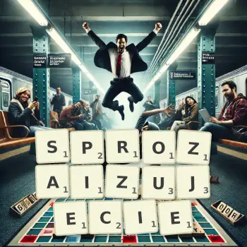 Kreatywna ilustracja do gry w Scrabble ze słowem SPROZAIZUJECIE ułożonym z płytek na planszy.