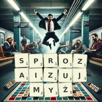 Kreatywna ilustracja do gry w Scrabble ze słowem SPROZAIZUJMYŻ ułożonym z płytek na planszy.