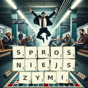Kreatywna ilustracja do gry w Scrabble ze słowem SPROŚNIEJSZYMI ułożonym z płytek na planszy.