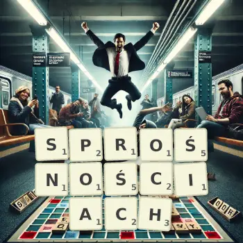 Kreatywna ilustracja do gry w Scrabble ze słowem SPROŚNOŚCIACH ułożonym z płytek na planszy.