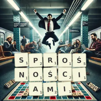 Kreatywna ilustracja do gry w Scrabble ze słowem SPROŚNOŚCIAMI ułożonym z płytek na planszy.