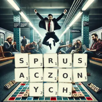 Kreatywna ilustracja do gry w Scrabble ze słowem SPRUSACZONYCH ułożonym z płytek na planszy.