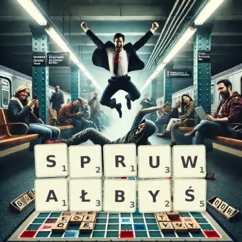 Kreatywna ilustracja do gry w Scrabble ze słowem SPRUWAŁBYŚ ułożonym z płytek na planszy.