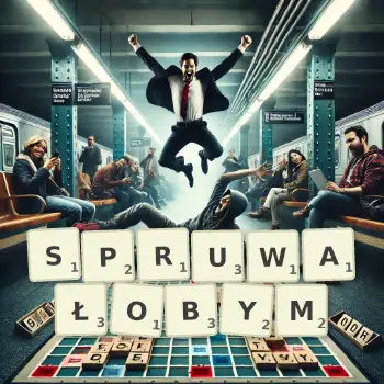 Kreatywna ilustracja do gry w Scrabble ze słowem SPRUWAŁOBYM ułożonym z płytek na planszy.