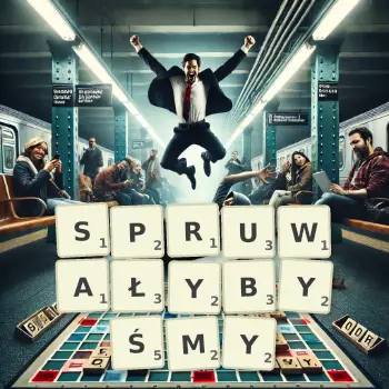 Kreatywna ilustracja do gry w Scrabble ze słowem SPRUWAŁYBYŚMY ułożonym z płytek na planszy.