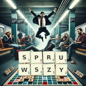 Kreatywna ilustracja do gry w Scrabble ze słowem SPRUWSZY ułożonym z płytek na planszy.