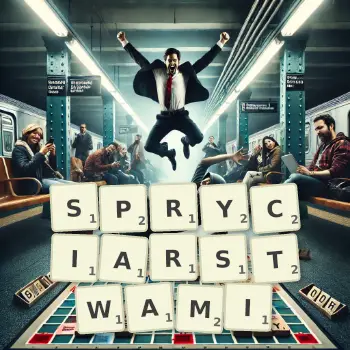 Kreatywna ilustracja do gry w Scrabble ze słowem SPRYCIARSTWAMI ułożonym z płytek na planszy.