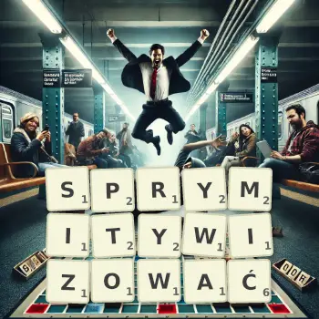 Kreatywna ilustracja do gry w Scrabble ze słowem SPRYMITYWIZOWAĆ ułożonym z płytek na planszy.