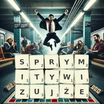 Kreatywna ilustracja do gry w Scrabble ze słowem SPRYMITYWIZUJŻE ułożonym z płytek na planszy.