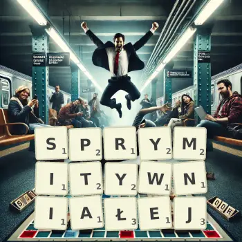 Kreatywna ilustracja do gry w Scrabble ze słowem SPRYMITYWNIAŁEJ ułożonym z płytek na planszy.