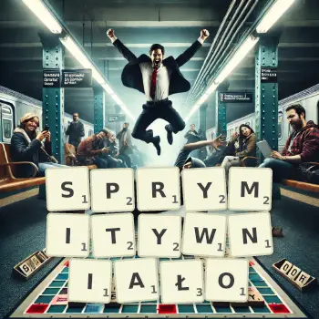 Kreatywna ilustracja do gry w Scrabble ze słowem SPRYMITYWNIAŁO ułożonym z płytek na planszy.