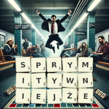 Kreatywna ilustracja do gry w Scrabble ze słowem SPRYMITYWNIEJŻE ułożonym z płytek na planszy.