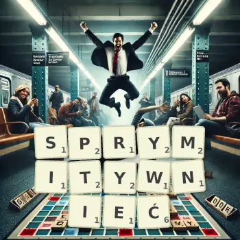 Kreatywna ilustracja do gry w Scrabble ze słowem SPRYMITYWNIEĆ ułożonym z płytek na planszy.