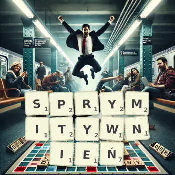 Kreatywna ilustracja do gry w Scrabble ze słowem SPRYMITYWNIEŃ ułożonym z płytek na planszy.