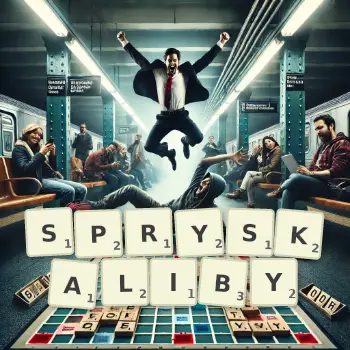 Kreatywna ilustracja do gry w Scrabble ze słowem SPRYSKALIBY ułożonym z płytek na planszy.