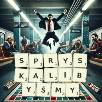 Kreatywna ilustracja do gry w Scrabble ze słowem SPRYSKALIBYŚMY ułożonym z płytek na planszy.