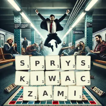 Kreatywna ilustracja do gry w Scrabble ze słowem SPRYSKIWACZAMI ułożonym z płytek na planszy.