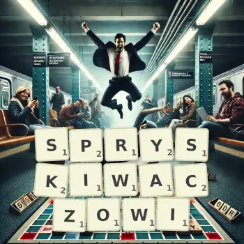 Kreatywna ilustracja do gry w Scrabble ze słowem SPRYSKIWACZOWI ułożonym z płytek na planszy.