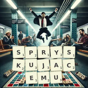 Kreatywna ilustracja do gry w Scrabble ze słowem SPRYSKUJACEMU ułożonym z płytek na planszy.