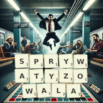 Kreatywna ilustracja do gry w Scrabble ze słowem SPRYWATYZOWALA ułożonym z płytek na planszy.