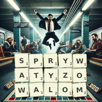 Kreatywna ilustracja do gry w Scrabble ze słowem SPRYWATYZOWALOM ułożonym z płytek na planszy.