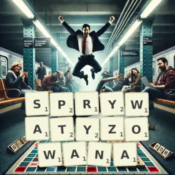 Kreatywna ilustracja do gry w Scrabble ze słowem SPRYWATYZOWANA ułożonym z płytek na planszy.