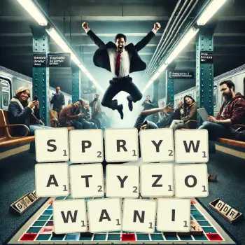 Kreatywna ilustracja do gry w Scrabble ze słowem SPRYWATYZOWANI ułożonym z płytek na planszy.