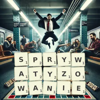 Kreatywna ilustracja do gry w Scrabble ze słowem SPRYWATYZOWANIE ułożonym z płytek na planszy.