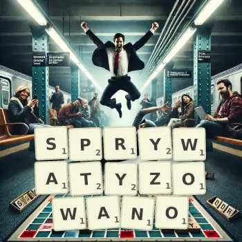 Kreatywna ilustracja do gry w Scrabble ze słowem SPRYWATYZOWANO ułożonym z płytek na planszy.