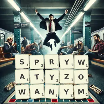 Kreatywna ilustracja do gry w Scrabble ze słowem SPRYWATYZOWANYM ułożonym z płytek na planszy.