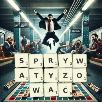 Kreatywna ilustracja do gry w Scrabble ze słowem SPRYWATYZOWAĆ ułożonym z płytek na planszy.