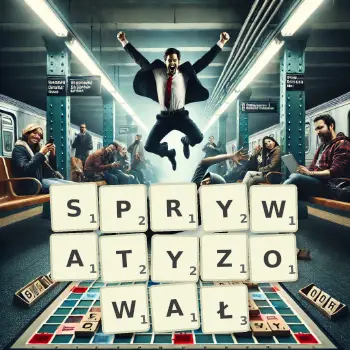 Kreatywna ilustracja do gry w Scrabble ze słowem SPRYWATYZOWAŁ ułożonym z płytek na planszy.